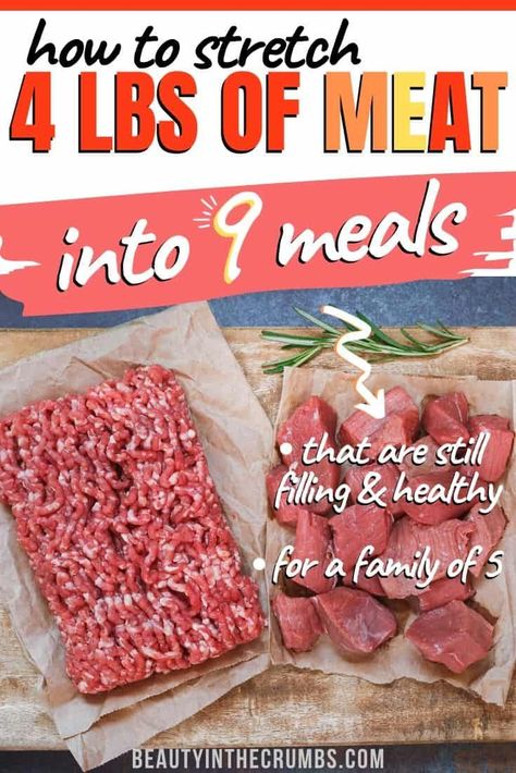 How to stretch meat into 9 healthy and hearty meals. A 2 week meal plan with only 4 pounds of meat. This healthy, gluten free meal plan is budget friendly and so good the whole family will enjoy it! #frugaleating #budgetmealplan #frugalfamilymeal #easydinner #moneysavingtips Budget Meal Planning Healthy, Frugal Family Meals, Budget Meal Planning Families, Dinner Meal Plan, Meaty Meals, Gluten Free Meal Plan, Budget Freezer Meals, Meal Plan Grocery List, Healthy Budget