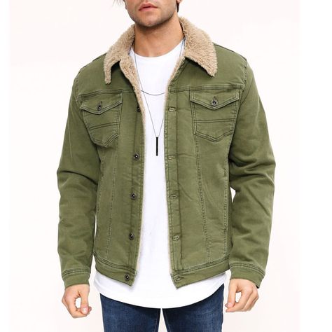 Green Denim Jacket Outfits Men, Green Sherpa Jacket Outfit, Green Winter Jacket Outfit, Sherpa Jacket Outfit Men, Sherpa Outfit, Green Winter Jacket, Dark Green Jeans, Denim Jacket Men Outfit, Sherpa Jacket Outfit