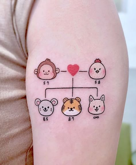 Chinese Zodiac Animals Tattoo, Zodiac Family Tattoo, Chinese Zodiac Signs Tattoo, Family Zodiac Tattoos, Tattoo Mini Cute, Mochi Tattoo, Meaningful Family Tattoos, Chinese Zodiac Tattoo, Good Family Tattoo