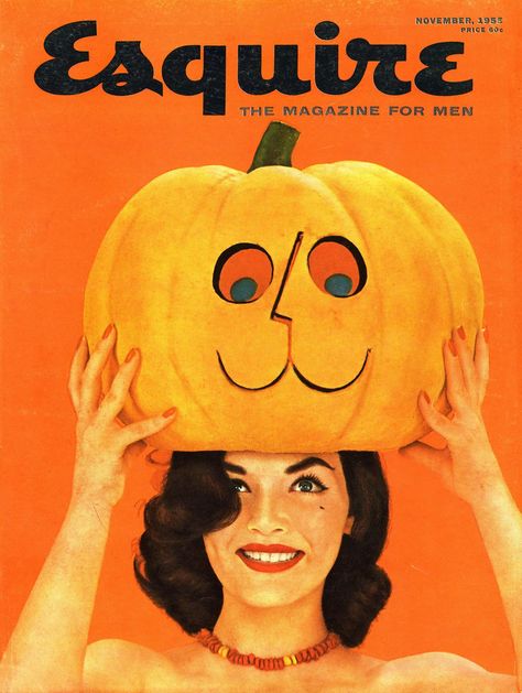 The fun Halloween themed cover of Esquire magazine, November 1955. #vintage #pumpkins #1950s Pinup Halloween, Witchy Inspiration, Esquire Magazine Cover, Vintage Pumpkins, 1950s Hair, Esquire Cover, 1950s Halloween, Vintage Halloween Pumpkin, Spooky Autumn