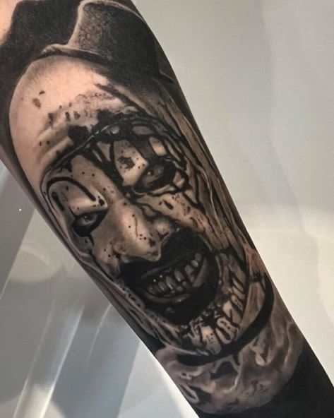 20 Art The Clown Tattoos Perfect For Fans Of Iconic Terrifier Franchise The Terrifier Tattoo, Killer Clown Tattoo, Art The Clown Terrifier Tattoo, Art The Clown Tattoo, The Shining Tattoo, Terrifier Tattoo, The Terrifier, Clown Tattoos, Horror Tattoos