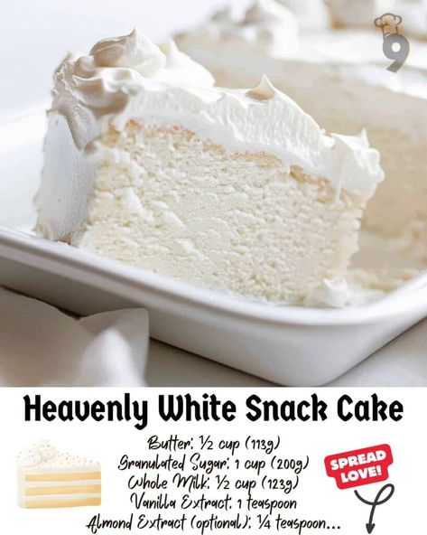 Irresistible Heavenly White Snack Cake, White Snack Cake Recipe, Heavenly White Snack Cake Recipe, Heavenly White Cake, White Cake Recipes Easy, White Snack Cake, Angel Food Sheet Cake, Light Fluffy Cake, Heavenly White Snack Cake