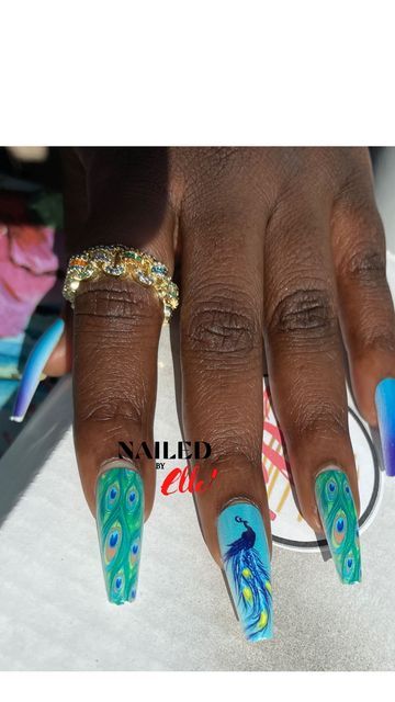 Press ons Par Elle LLC 🇭🇹 on Instagram: "Peacock press on nails available now. What’s included? • • 20 nails and your application kit Like and follow and shop now on Etsy this holiday. #pressonnails #nailedparellecynn #npepressonails #vacationnails #animalnailart" Peacock Inspired Nails, Long Coffin Shape Nails, Peacock Nail Designs, Peacock Nail Art, Peacock Nails, Peacock Party, Witch Nails, Animal Nail Art, Shape Nails