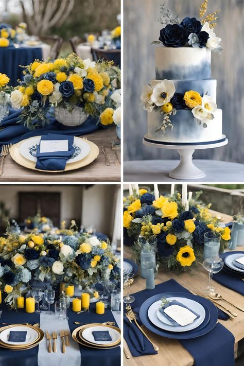 Blue and Yellow Wedding Colors: Beautiful Navy Blue, Dusty Blue, and Yellow Ideas - Francisca's Bridal Yellow And Dark Blue Wedding, Yellow And Blue Themed Wedding, Yellow And Blue Wedding Theme, Wedding Theme Colors Colour Palettes, Blue And Yellow Wedding Theme, Navy Blue And Yellow Wedding, Dusty Blue And Yellow, Yellow Wedding Colors Schemes, Navy And Yellow Wedding