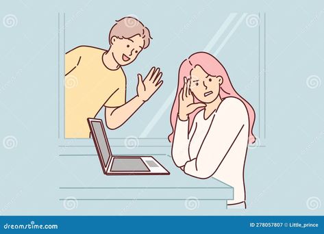 Woman ignores annoying man stalker who wants to start romantic relationship. Disgruntled girl turns away when she sees stalker or ex-boyfriend waving to friend and inviting on date. Date Illustration, Romantic Relationship, On Date, Instagram Ideas Post, Instagram Ideas, Ex Boyfriend, Powerpoint Presentation, To Start, Vector Illustration