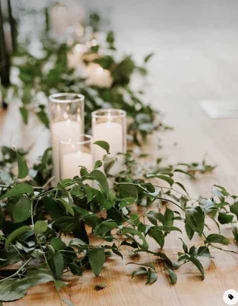 Candles Down Ceremony Aisle, Eucalyptus Pillar Candle Centerpiece, Candles And Greenery Aisle, Fern Lined Wedding Aisle, Greenery Aisle Wedding, Green Foliage Wedding Decor, Wedding Ceremony Greenery, Aisle Greenery, Ceremony Greenery