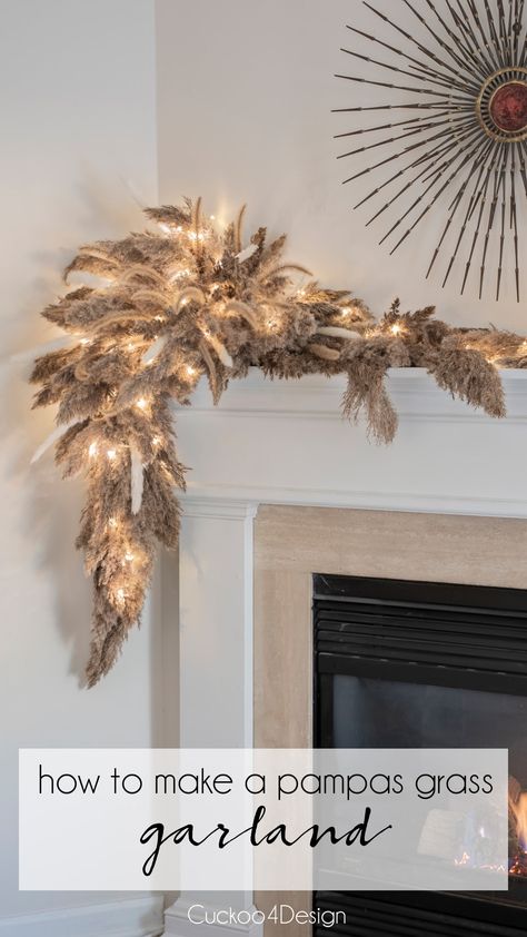 Garland With Pampas, Decorating With Pampas, Pampas Grass Garland, Pampas Grass Diy, Floral Christmas Tree, Boho Christmas Tree, Boho Christmas Decor, Christmas Lights Garland, Garland Diy