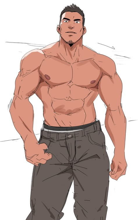 Buff Gym Guys, Big Buff Men Drawing, Bara Body Reference Drawing, Muscular Body Drawing Reference, Back Drawing Male, Strong Man Drawing Reference, Big Body Reference, Muscle Character Design, Buff Guy Reference