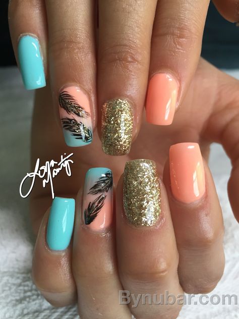 Nail design for anytime of the year. Gel shading turquoise and peach.....add gold glitter and LOVE! Nails Turquoise, Turquoise Nail Designs, Beach Nail Designs, Beach Nail, Nail Business, Turquoise Nails, Peach Nails, Nails Wedding, Super Nails