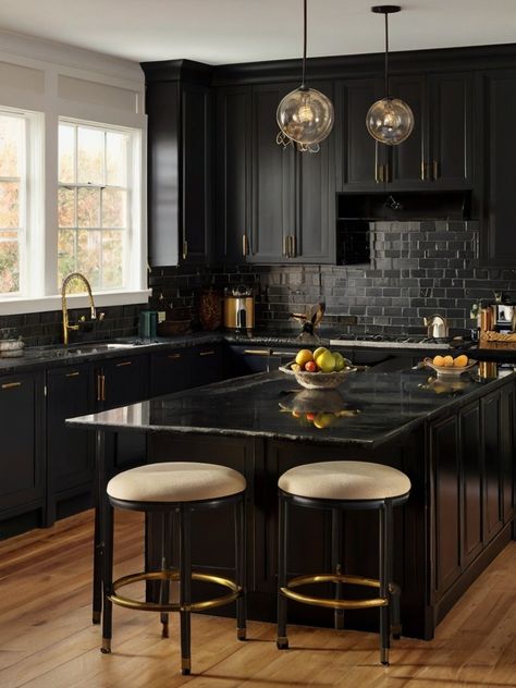 10 Modern Black kitchen ideas - whatdosquirreleat.com Black Kitchen Cabinets With Dark Granite, Dark Interior Design Kitchen, Victorian Airbnb, Black Kitchen Backsplash, Nice Kitchens, Dark Kitchen Ideas, Black Kitchen Ideas, All Black Kitchen, Erin Moran