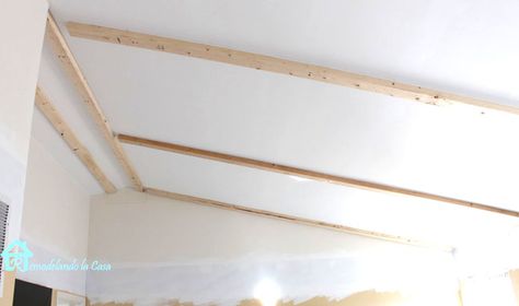 How to install faux wooden beams on slanted ceiling Faux Wooden Beams, Angled Ceiling, White Beams, Slanted Ceiling, Faux Beams, Faux Wood Beams, Faux Shiplap, Pergola Attached To House, Ceiling Treatments