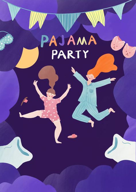 Pajama Party Invitation | PosterMyWall Fun Graphic Print Sleepwear For Pajama Party, Adult Pajamas Party Invitations, Fancy Pajama Party Invite, Pajama Party Illustration, Girls Night Pajama Party Invite, Movie Night Birthday Party, Pijama Party, Pajama Day, Pj Party