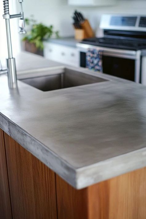 "Bring the sleek, modern appeal of concrete to your home with DIY Concrete Countertops! 🛠️🪨 Perfect for creating a stylish and practical workspace. 🌟✨ #DIYHomeDecor #ConcreteCrafts #IndustrialStyle" Light Concrete Countertops, Concrete Backsplash Kitchen, Diy Cement Countertops, Cement Countertops Kitchen, Kitchen Concrete Counters, Concrete Kitchen Cabinets, Outdoor Kitchen Concrete Countertops, Kombuis Idees, Concrete Countertop Ideas