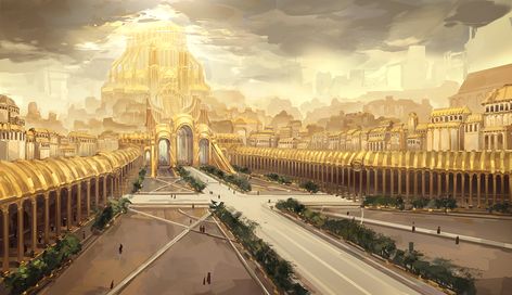 Golden City, Fantasy City, Fantasy Castle, Fantasy Setting, Fantasy Places, Futuristic City, Art Et Illustration, Fantasy Art Landscapes, Fantasy Concept Art