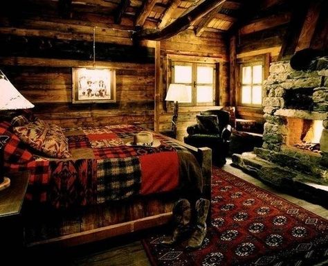 Suburban Men--March 16, 2015 Warm & cozy...where's the rough-hewn man to with this cabin? Game Trophies, Log Cabin Bedroom, Bedding Dark, Lodge Bedroom, Log Cabin Living, Plaid Bedding, Cabin Bedroom, Interior Design Rustic, Cabin Interiors