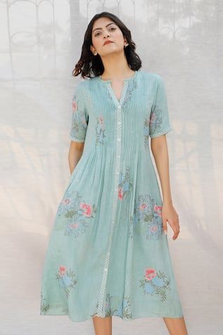 Buy Yellow Chiffon Printed Floral Round Midi Dress For Women by KoAi Online at Aza Fashions. Pleated Dress Indian, Mint Blue Dress, Cotton Dress Pattern, Linen Slip Dress, Cotton Frocks, Desi Wear, Frock For Women, Kurta Designs Women, Designer Dresses Casual