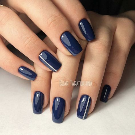 Blue Silver Nails Ideas, Navy Blue And Grey Nails, Trendy Summer Nails Square, Navy And Silver Nails Design, Dark Dip Powder Nails, Blue Nail Color, Popular Nail Colors, Blue Nail Art Designs, Dark Blue Nails