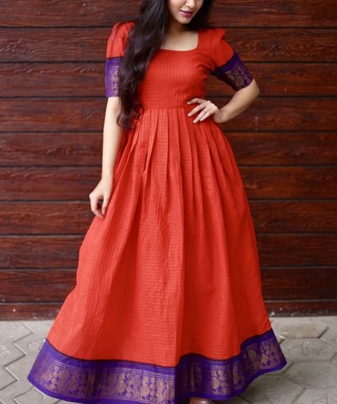 Sungudi - Scarlet Madhurai Denim Zari Border Maxi Dress Gowns Dresses Indian Party Wear, Indian Gown, Kalamkari Dresses, Gown Party Wear, Lehnga Dress, Long Frock, Sari Dress, Traditional Indian Dress, Indian Party