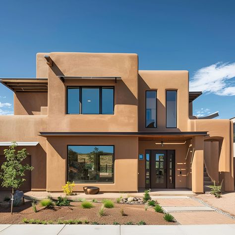 Pueblo: Architecture, History, Sustainability, Materials And Typical Prices 38 Pueblo Architecture, Desert Home Exterior, Warm Earthy Color Palette, Clay Block, Sims 4 Floor Plans, Modern Adobe, Modern Townhome, Sims 4 Floor, Adobe Houses