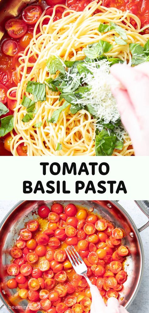 Tomato Basil Pasta from Beaming Baker. You’ll love this deliciously simple Tomato Basil Pasta that’s packed with juicy cherry tomatoes, aromatic fresh basil, and a touch of tangy parmesan. Easy dinner recipe! Pasta With Cherry Tomatoes And Basil, Beaming Baker, Basil Pasta Recipes, Tomato Basil Pasta Sauce, Garlic Roasted Potatoes, Tomato Basil Pasta, Cherry Tomato Pasta, Tomato Basil Sauce, Pasta Side Dishes