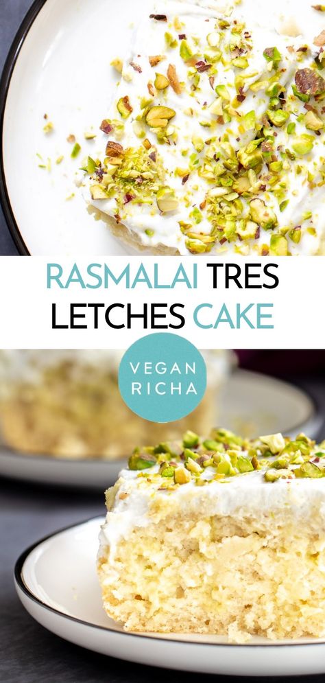 This Vegan Ras Malai Tres Leches Cake is the ultimate make-ahead dessert! A light almond flour sponge soaked in cardamom and saffron-scented nut milk. It only gets better with time, so perfect for holidays, and any occasion that calls for cake. Rasmalai Tres Leches, Ras Malai, Raw Pistachios, Vegan Richa, Grain Free Desserts, Leches Cake, Milk It, Make Ahead Desserts, Cake Vegan