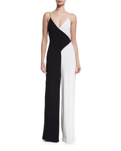 THF8M Cushnie Et Ochs Colorblock Sleeveless V-Neck Jumpsuit, Black/White Colorblock Jumpsuit, Designer Resort Wear, Casual Trendy Outfits, Fitted Tops, Silk Romper, Stylish Jumpsuit, Resort Wear For Women, Colorful Jumpsuit, Hi Fashion