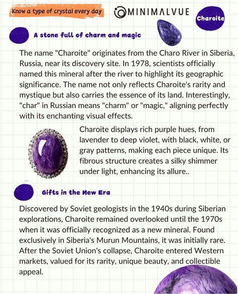 Know a type of ore every day 📒 Charoite ✨ Siberian Breath Charoite, a rare purple mineral from Siberia’s Murun Mountains, features a silky shimmer and hues from lavender to deep violet. Discovered in the 1940s, it gained recognition in the 1970s. Celebrated for its rarity and beauty, it’s known as a “Gift of the New Age.”#Charoite #GemstoneSpotlight #RareMinerals #CrystalHealing #Transformation #Awareness #Wisdom #InnerGrowth #SiberianGemstone #PurpleGemstone #SpiritualJewelry #MurunMountains... Crystals Meanings, Types Of Crystals, Peace And Harmony, Crystal Meanings, Energy Field, Grey Pattern, Purple Hues, Spiritual Jewelry, The 1970s