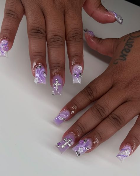 LAVENDER 💜💐 • • • #nailtech #nailartistry #nailsnailsnails #naildesign #naildesign #nailpolish #nailfashion #nailideas #nailinstagram #nailsalon #nailstyle #longnails #nailpro #memphisnails #acrylicnails #almondnails #squarenails #nails #celebritynailartist #901nails #nailporn #deenailssss #nailgirl #girlynails #almondnails #taperedsquare #curvednails Medium Length Purple Nails, Purple Nails Medium, Purple Nails With Charms, Purple Gel X Nails, Purple Nail Inspo Acrylic, Purple Bling Nails, Lavender Nails With Design, Purple Nail Set, Purple Short Nails