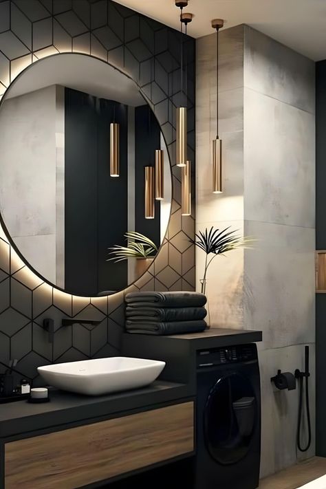 White And Black Modern Bathroom, Masculine Bathroom Vanity, Bathroom Ideas Moody, Small Powder Room Ideas Modern, Modern Bathroom Design Latest Trends, Black Half Bathroom, Masculine Bathroom Ideas, Industrial Bathroom Design, Interior Design Bathroom