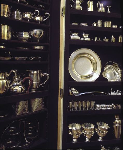 Silver Cabinet from designer Stephanie Stokes' "Elegant Rooms That Work." A shallow closet with single-depth storage created inside and on the door. Built-in ledges keep the pieces in place. Lined in Pacific cloth to protect from tarnish. China Closet Display, Entertaining Closet, Shallow Closet, Silver Closet, Kitchen Butlers Pantry, Silver Display, China Storage, Silver Cabinets, Butler’s Pantry