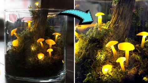 Led Mushroom Lights Diy, Hot Glue Mushrooms Fairy Lights, Glue Stick Mushrooms, Diy Crafts Mushroom, How To Make Mushrooms Out Of Hot Glue, Light Up Mushrooms Diy, Glowing Mushrooms Diy, Hot Glue Mushroom Lights, Led Diy Ideas