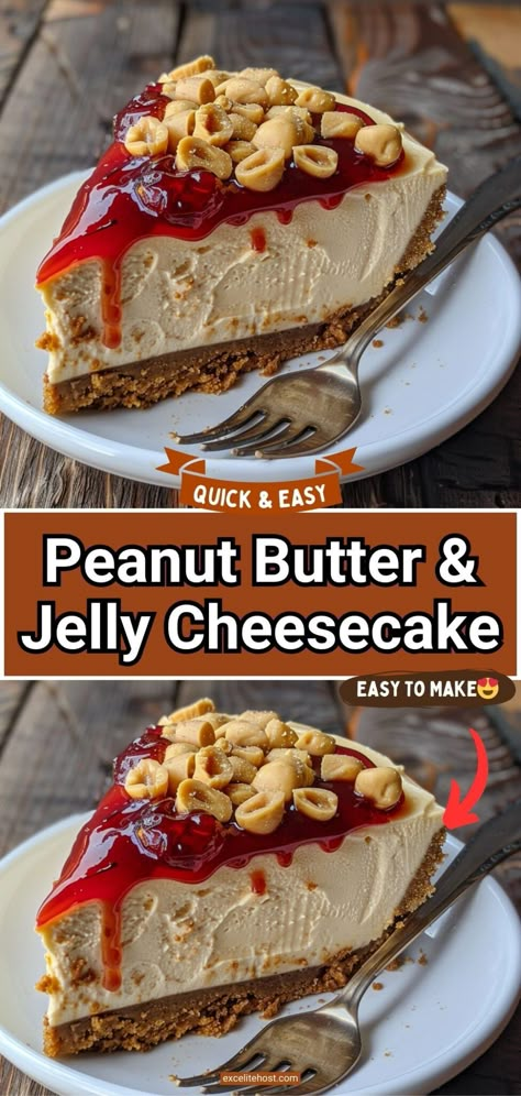 Peanut Butter & Jelly Cheesecake Peanut Butter Jelly Cheesecake, Peanut Butter And Jelly Cheesecake, Jelly Cheesecake, Butter Desserts, Homemade Cheesecake, Peanut Butter Cheesecake, Peanut Butter Desserts, Cheesecake Desserts, Easy Cheesecake