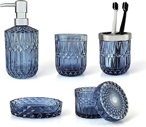 Glass Bathroom Accessories, Blue Bathroom Accessories, Blue Bathroom Decor, Bathroom Tumbler, Glass Soap Dispenser, Bathroom Accessories Set, Bathroom Themes, Hand Soap Dispenser, Bathroom Accessory Sets