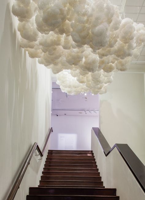 DZine Trip | Art installation made from polypropylene loop pins | http://dzinetrip.com Ceiling Art Installation, Decorative Ceiling Panels, Suspended Art, Singapore Art Museum, Light Art Installation, Singapore Art, Ceiling Art, Deco Luminaire, Ceiling Installation