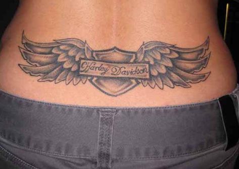 Wings Low Back Tattoo - 60  Low Back Tattoos for women  <3 <3 Back Tattoo Women Spine, Back Tattoo Designs, Lower Back Tattoo Designs, Tramp Stamps, Harley Tattoos, Lower Back Tattoo, Harley Davidson Tattoos, Girl Back Tattoos, Biker Tattoos