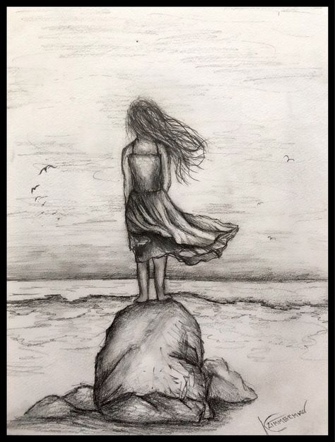 Ocean Drawings Pencil, How To Draw The Ocean In Pencil, Landscape Graphite Drawing, A Girl Standing Drawing, Pencil Sketches Simple Easy, Ocean Drawing Pencil, Girl Standing Drawing, Person Standing Drawing, Simple Beach Drawings