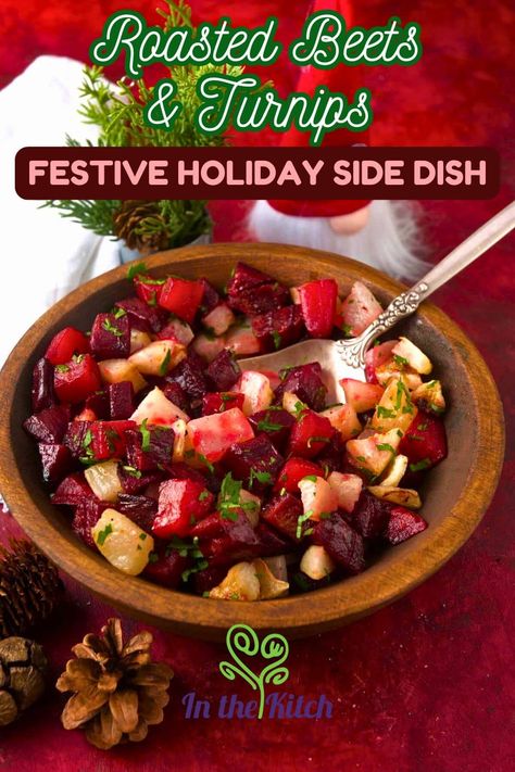 Brighten your Christmas dinner with this roasted beet and turnip duo side dish. Red beets and white turnips create a holiday color scheme--perfect for chilly days when the trees are bare and wreaths brighten up your home. With a prep time of only 5 minutes, you will have plenty of time to focus on the main. Dig in now or pin the recipe for later! Beets And Turnips Recipe, Roasted Beets And Turnips, White Turnips, Christmas Side Dish, Roasted Turnips, Turnip Recipes, Season Recipes, Favorite Holiday Desserts, Christmas Side