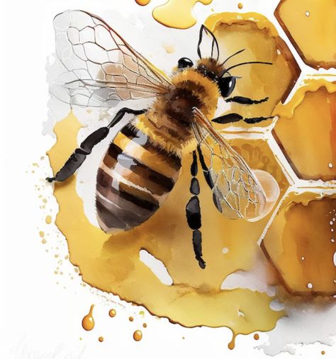 Watercolor Honeybee, Honeycomb Watercolor Painting, Honeycomb Painting, Beehive Painting Ideas, Painted Bee Hives, Bumble Bee Art, Regard Animal, Bee Artwork, Lion Artwork