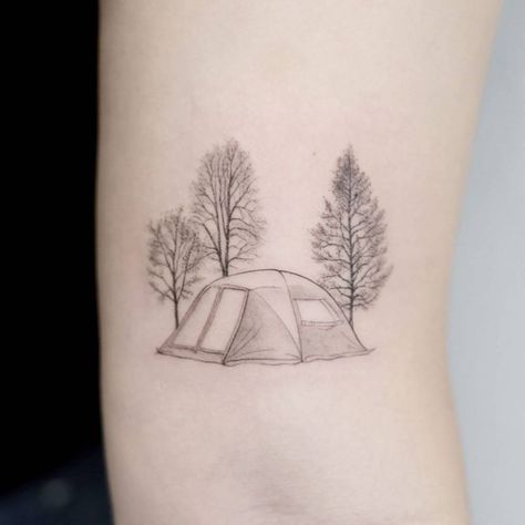 Tent Tattoo, Camping Tattoo, Subtle Tattoos, Little Tattoos, Camping Tent, Tattoo Artist, Tent Camping, Tattoo Studio, Ink Drawing