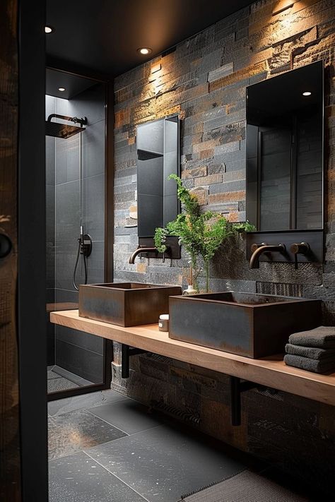 Industrial Washroom, Mens Bathroom Ideas, Modern Masculine Bathroom, Masculine Bathroom Ideas, Bathroom Ideas 2024, Masculine Bathroom, Mens Bathroom, Guest Bathroom Renovation, Industrial Style Bathroom