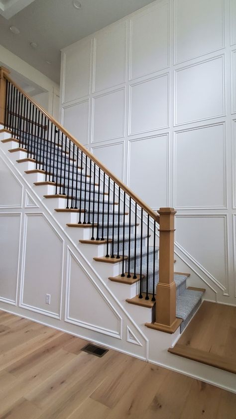 Stair Accent Wall, Black Balusters, Sw Pure White, Staircase Molding, Basement Ceiling Painted, Wall Molding Design, Traditional Staircase, House Staircase, Wall Paneling Diy