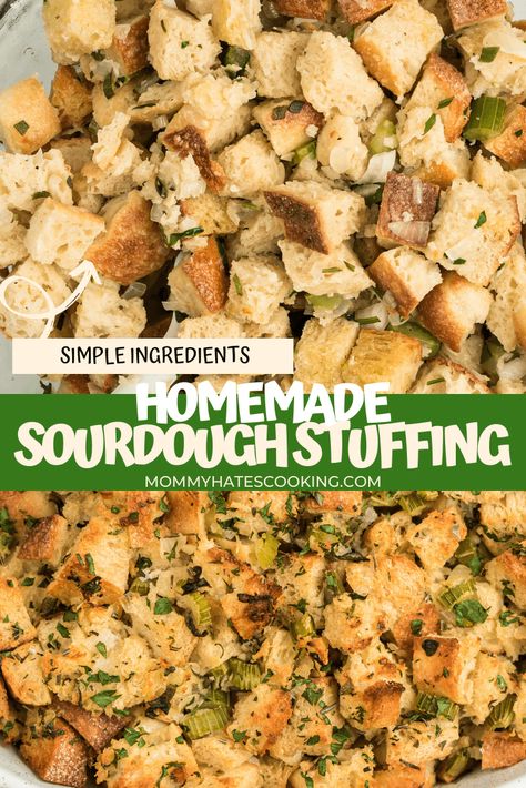 Sourdough Bread Stuffing is the perfect side dish for your holiday meal. A rustic sourdough loaf gets toasted with the perfect flavors. Bread Stuffing Recipes, Sourdough Bread Stuffing, Sourdough Stuffing Recipe, Sourdough Stuffing, Homemade Stuffing Recipes, Bread Stuffing, Sourdough Loaf, Homemade Stuffing, Stuffing Recipes For Thanksgiving