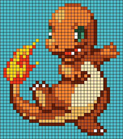 Charmander Perler Bead Pattern, Crochet Pixel Pattern Pokemon, Charmander Cross Stitch, Crochet Circle Pattern, Pokemon Pixel, Pokemon Cross Stitch, Modele Pixel Art, Pokemon Dragon, Pokemon Bead