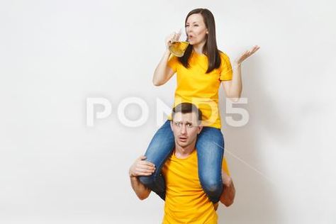 Fun inspired young couple woman sit on man shoulders, fans with pint mug of beer Stock Photos #AD ,#woman#sit#man#couple Background Sport, Mug Of Beer, Retirement Invitation Template, Photo Fun, Anatomy Poses, Body Reference Poses, Man Sitting, Young Couple, Fit Couples