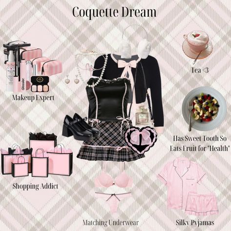 Coquette Dream Style Board #coquette #pink #style #blackandpink #cute Coquette Pink And Black, Pink And Black Coquette Outfit, Coquette Must Haves, Black And Pink Coquette, Skyler Aesthetic, Pink Coquette Outfit, Coquette Wardrobe, Coquette Girl, Pink Lifestyle