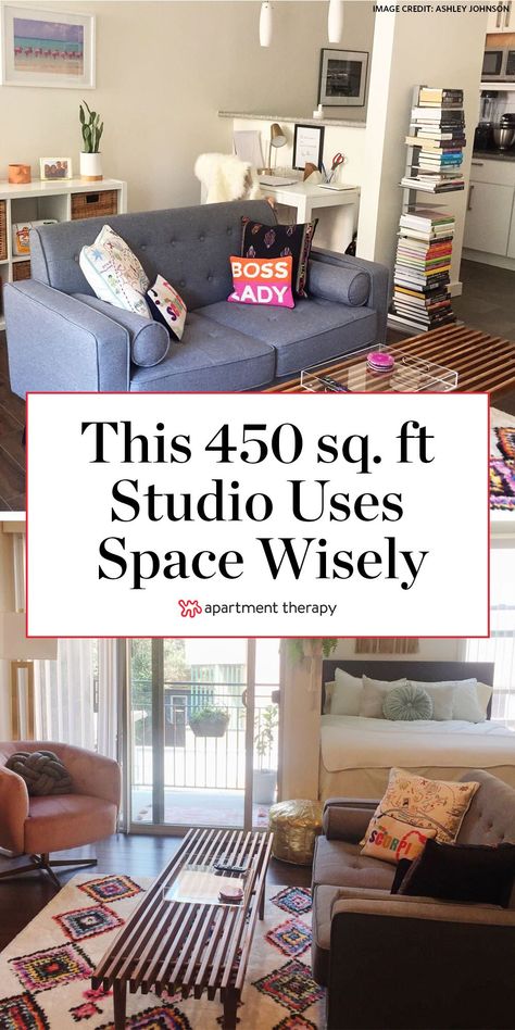 This 450 square foot studio uses space wisely, with lots of storage hacks. I House Tours by Apartment Therapy #studioapartment #smallspaces #studiolayout #studioideas #studioapartmentdecor #rentershacks #storageideas #smallspacestorage Tiny Studio Apartment Decorating, Apartment On A Budget, Small Studio Apartment Decorating, Tiny Studio Apartments, Studio Apartment Living, Studio Layout, Aesthetic Interior Design, Studio Apartment Design, Apartment Storage