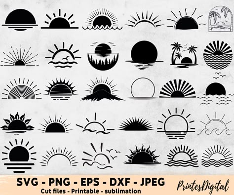 Sun Rise Sun Set Tattoo, Sunset Cricut Ideas, Sun Silhouette Tattoo, Sunrise Line Drawing, Sunset Stencil, Sunset Symbol, Sun Tattoo Men, Sunset Logo Design, Sunrise Clipart