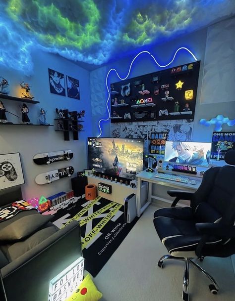 Nerd Game Room, Gamer Boy Room, Small Room Setup, Games Room Inspiration, Gaming Bedroom, Gamer Bedroom, Small Game Rooms, Boys Bedroom Makeover, Video Game Room Design