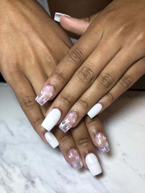 Butterfly Decal Nails, Butterfly Sequin Nails, Sparkle Butterfly Nails, Clear Butterfly Nails, White Nails With Butterflies, Butterfly Acrylic Nails, Pink Butterfly Nails, Pink And White Butterfly, French Manicure Gel Nails