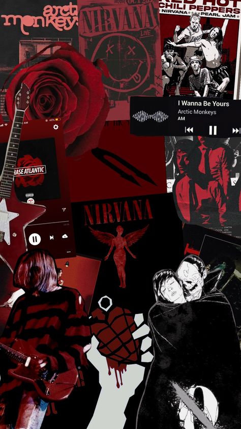 #nirvana #qotsa #red #wallpaper Rocker Wallpaper, Cool Red Wallpaper, Cool Aesthetics, Edgy Wallpaper Red, Wallpaper Backgrounds Red, Collage Wallpaper Iphone, Red Collage Wallpaper, Nirvana Wallpaper, Blood Wallpaper